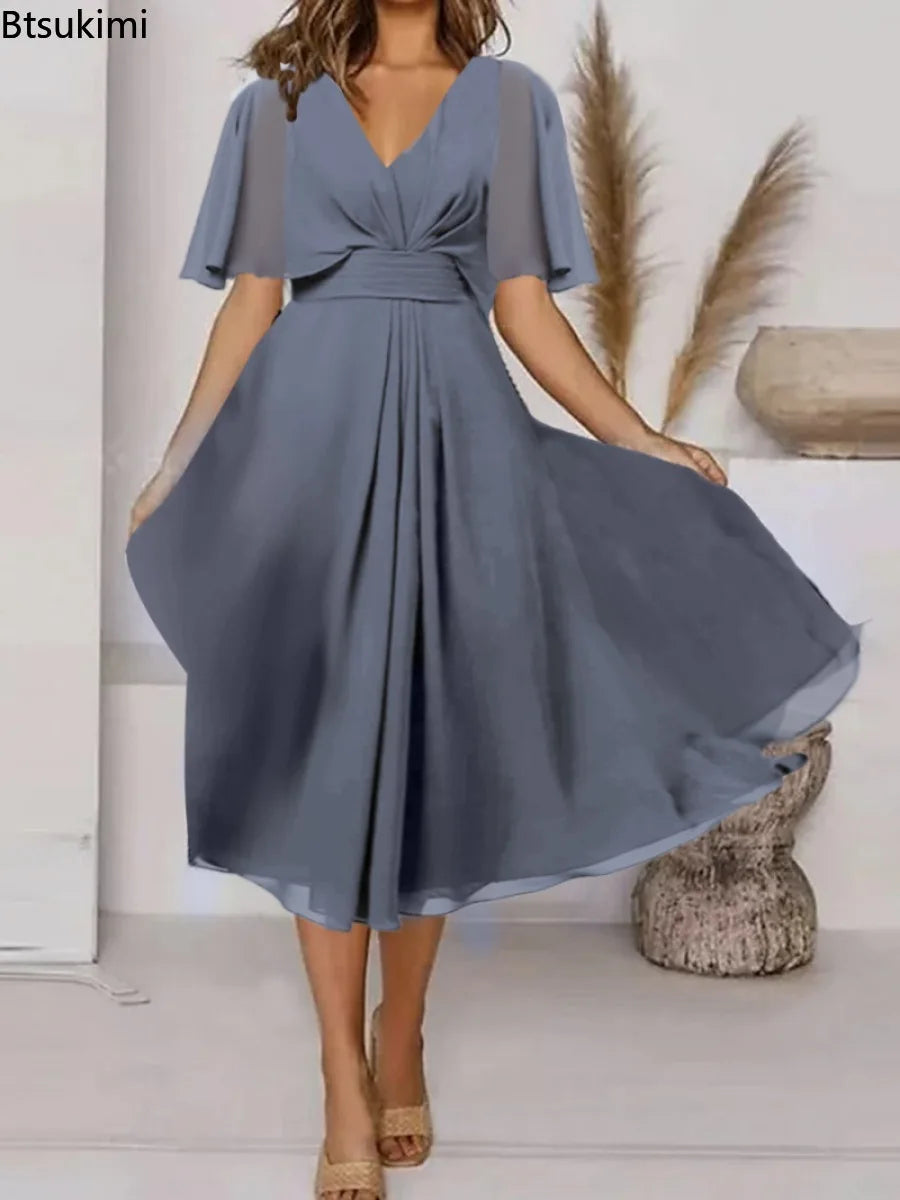2026 Women's Evening Party Dress Plus Size Long Elegant  A Line V Neck Ruffles Chiffon Formal Wedding Dress Robe Dazzling Dress