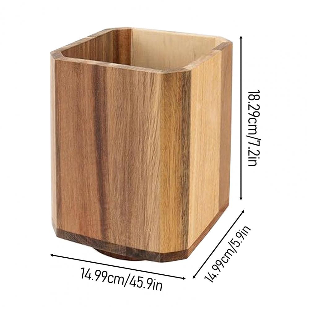 Wooden rotating kitchen utensil holder with hexagonal shape natural wood grain finish and slightly tapered sides for countertop organization.