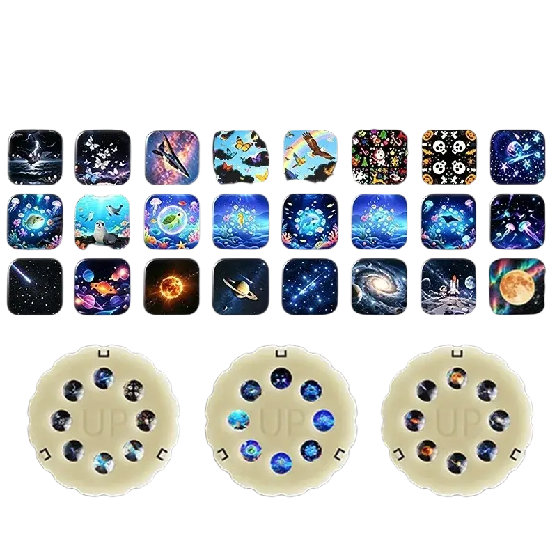 Three sets of beige circular led projector light lenses with blue glass for 24 patterns in kids gift starry ocean galaxy night light