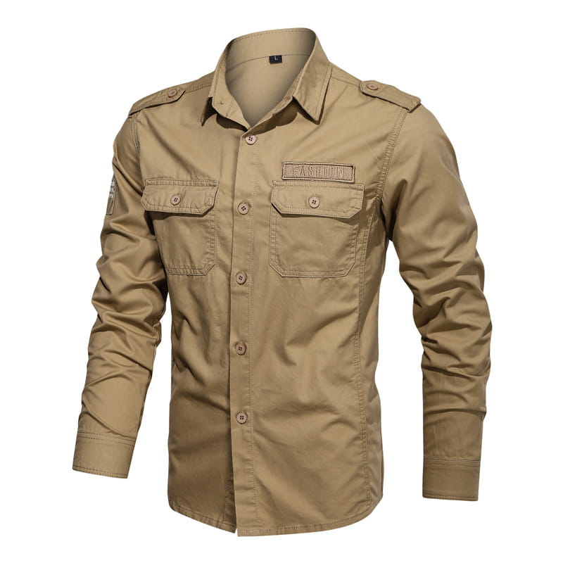 Khaki-colored men cotton casual long sleeve military cargo shirt with button-up front, two chest pockets, and shoulder epaulets.