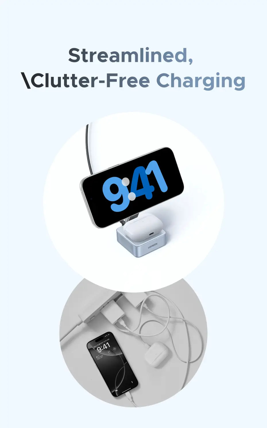 Schwarzer rechteckiger magnetischer kabelloser Ladegeräte-Ständer für iPhone mit blauem digitalem Zeitanzeigefeld, schlankem minimalistischen Design und matter Oberfläche.
