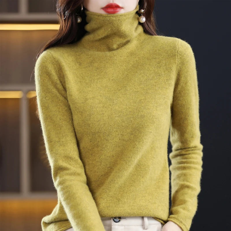 Women's 100% Merino Wool Sweater Autumn Winter Fashion Pile Collar Pullover Cashmere Sweater Casual Long-sleeved Knitted Tops