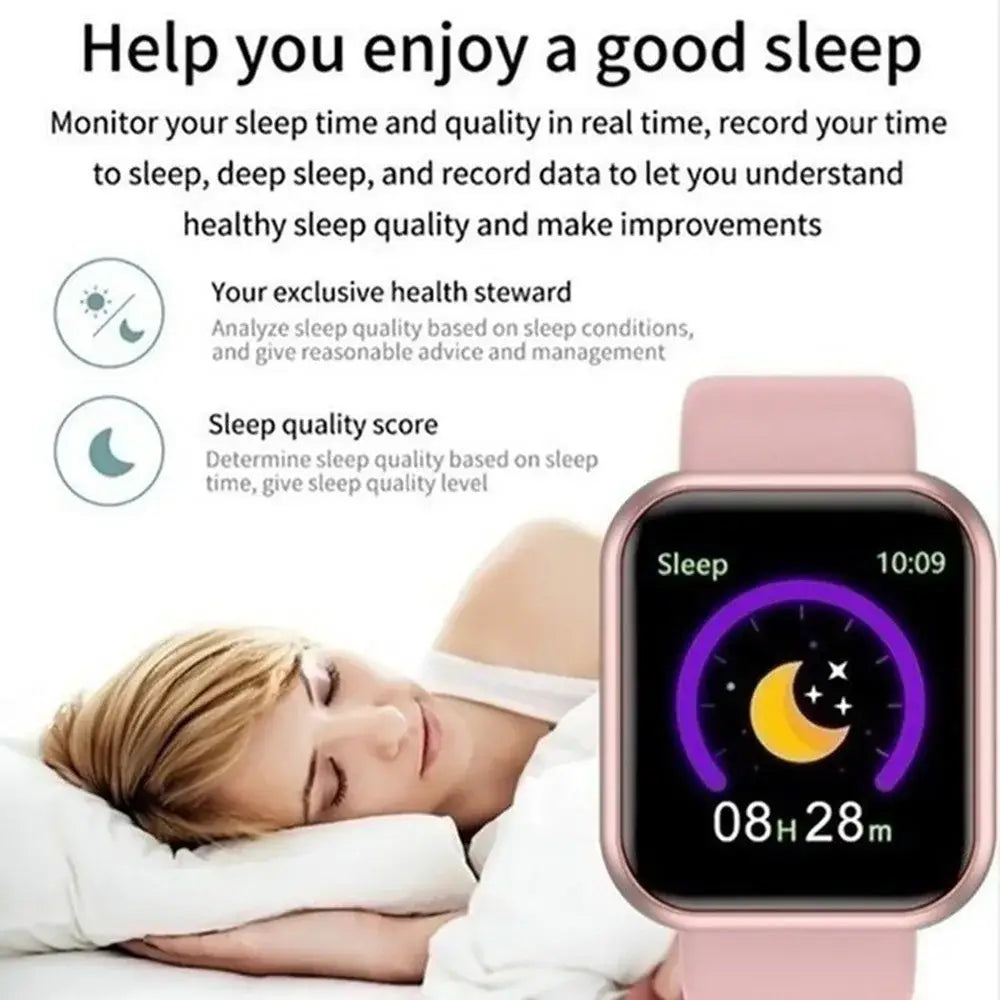 Smart fitness watch with heart rate monitor features a pink silicone strap and rose gold frame with a circular display showing sleep tracking data.