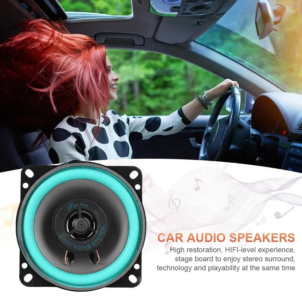 Teal and black car speakers universal hifi coaxial subwoofer audio stereo with a circular design.