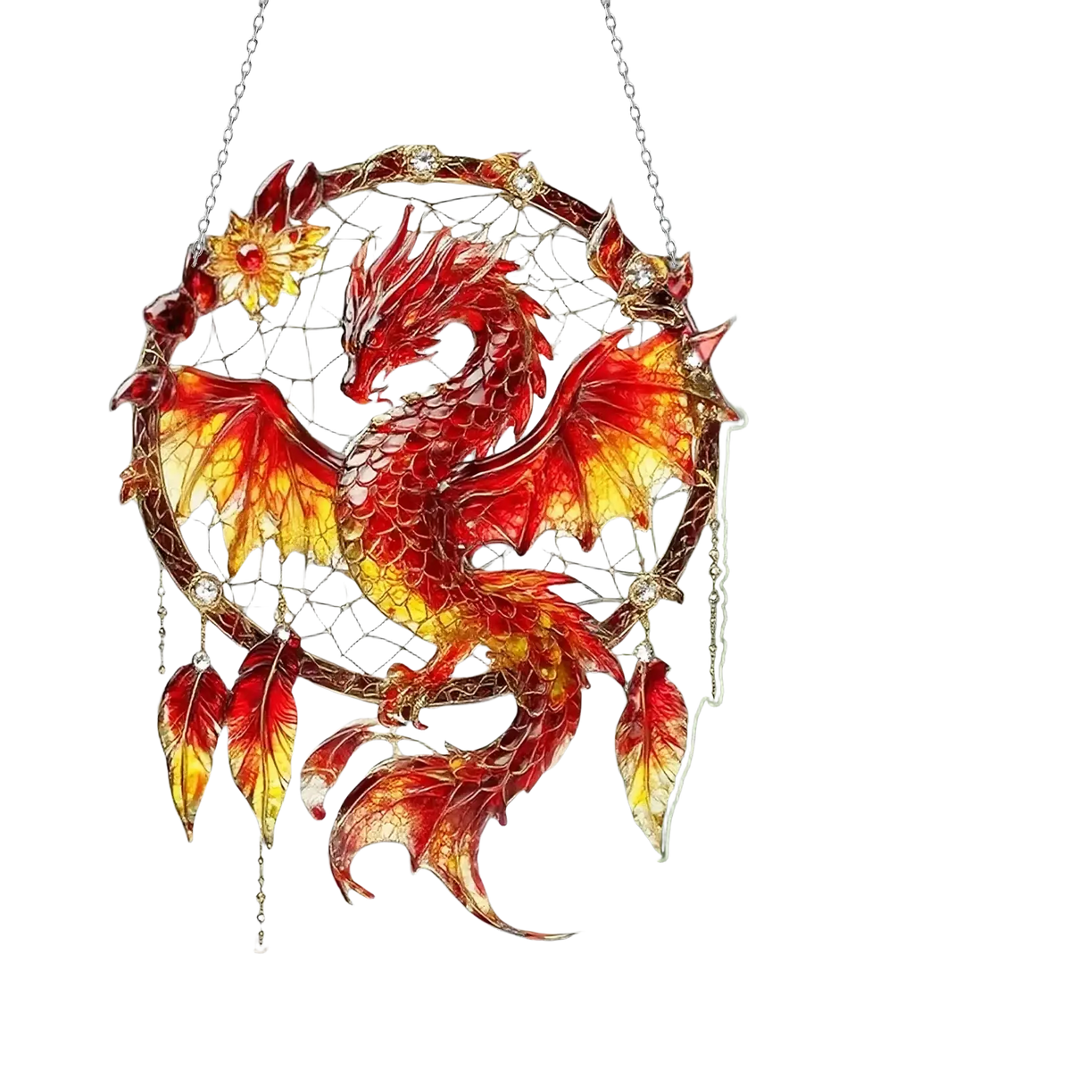 2d green and red fantasy dragon acrylic dream catcher with intricate mesh design and dangling feathers shown front view