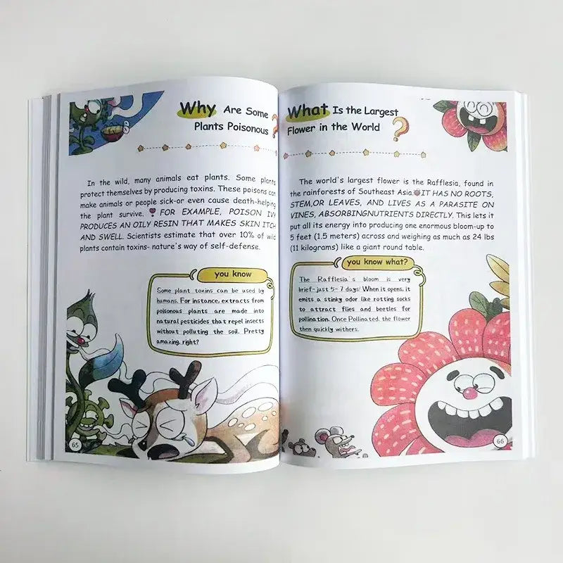 Ein offenes Kinderbildungsbuch für eine naturwissenschaftliche Enzyklopädie, mit farbenfrohen Cartoon-Illustrationen und Text über giftige Pflanzen sowie die größte Blume der Welt.