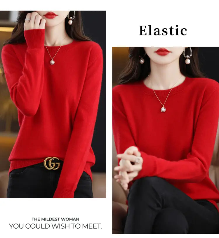 Vibrant red long-sleeved pure wool cashmere o-neck pullover sweater with a round neckline and elastic waistband.