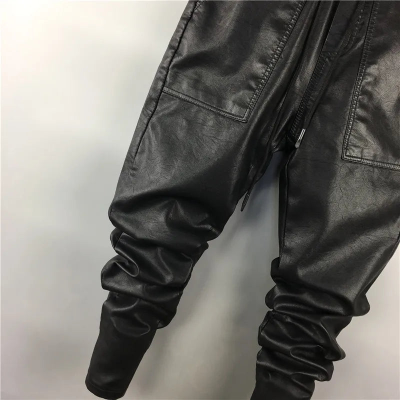 Men Casual Cargo Harem Pants High Street Hip Hop Length PU Faux Leather Sweatpants Autumn Winter Black Big Size