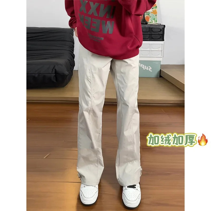 American Casual Pants for Men in Autumn Winter Plus Velvet Logging Straight Pants Loose Versatile Pants