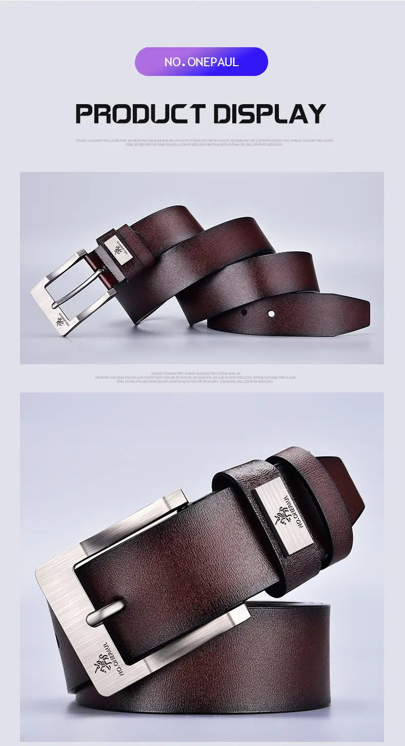 Ceinture en cuir marron foncé pour hommes, sangle de luxe vintage avec boucle à ardillon ton argentée et plaque rectangulaire assortie.