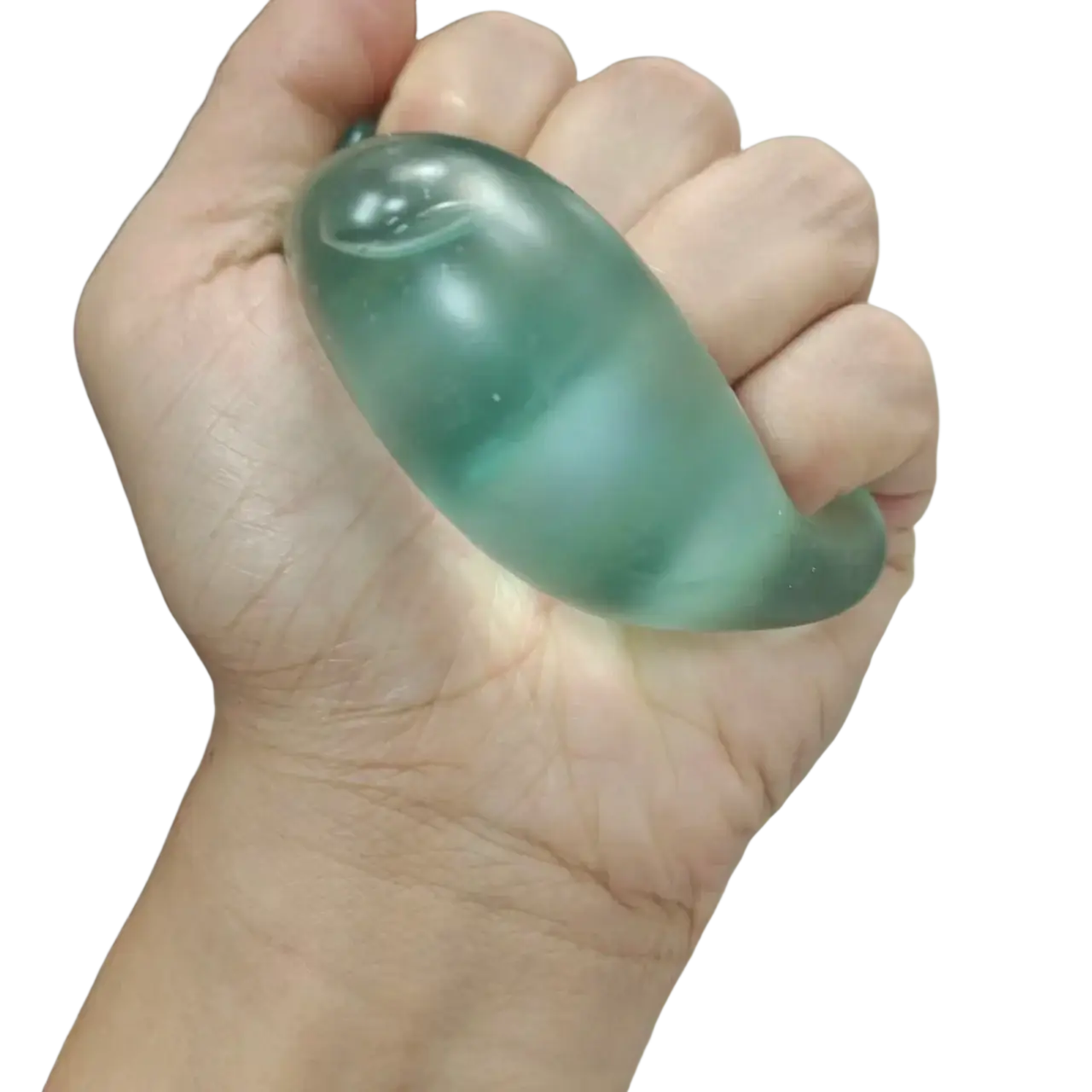 une balle anti-stress souple translucide vert-bleu turquoise-vert, avec une surface lisse et brillante et une forme ovale allongée, vue de face.