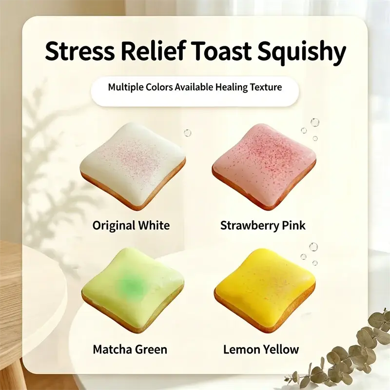 Peluches jouet moelleux en forme de toast anti-stress, avec texture souple, aux couleurs pastel macaron, notamment blanc fraise, rose, vert matcha et jaune citron.