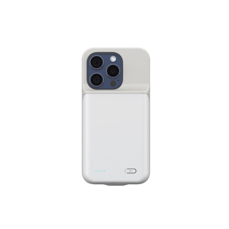 étui de batterie blanc pour iPhone 13 Pro de 10000 mAh, au design minimaliste et épuré et à des indicateurs LED verts discrets, illustré depuis l’arrière, pour les modèles 17air, 17pro et 17promax