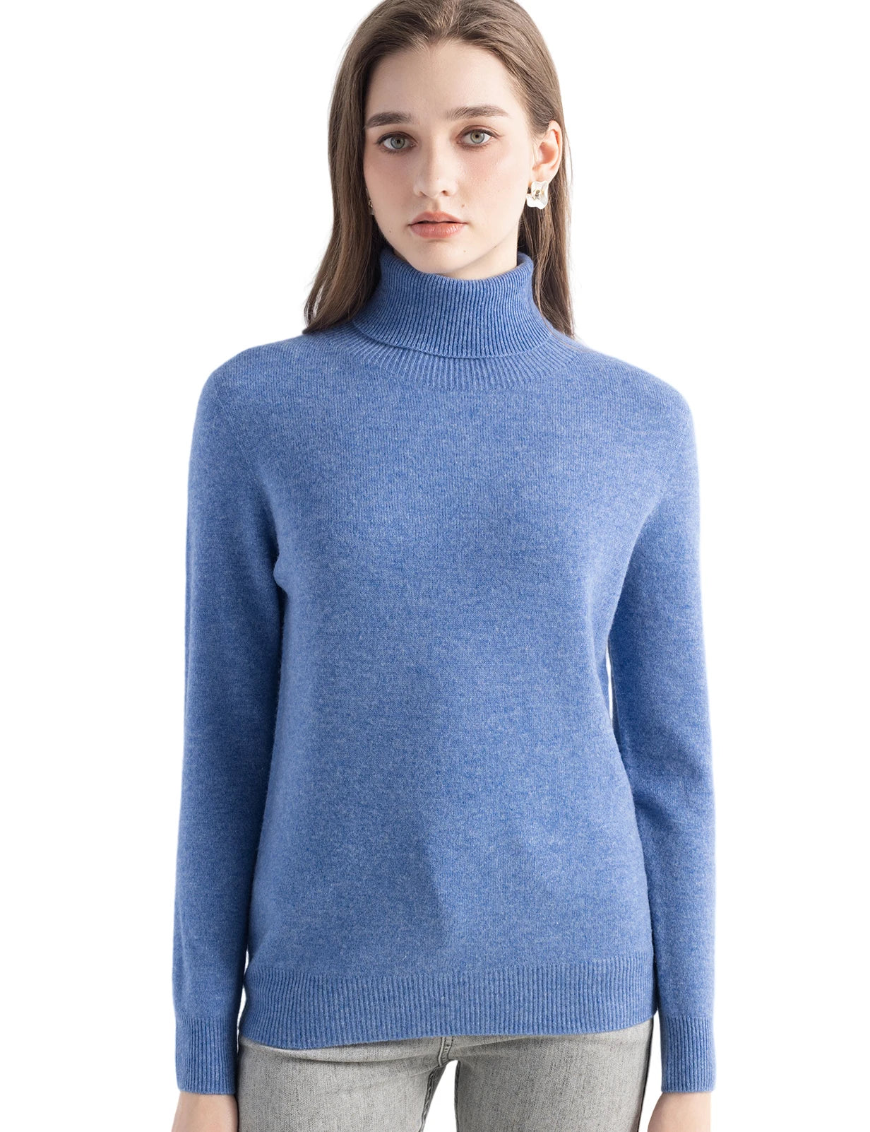 A soft heathered blue women merino wool turtleneck sweater with ribbed neckline and cuffs.