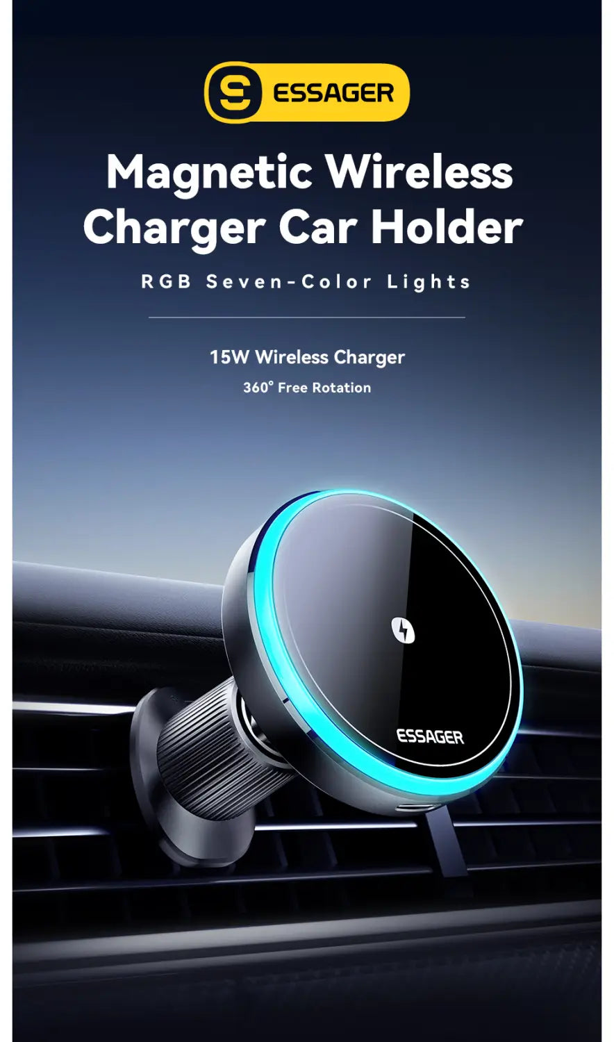 Essager 15w magnetic wireless car charger mount with a sleek black and silver design featuring rgb seven-color lighting around its circular base.