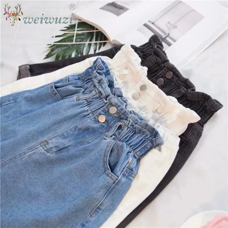 Women Casual High Waist Denim Shorts Elastic Waist Comfortable Wide Leg Rolled Hem Jean Shorts Girls Summer Vacation Streetwear
