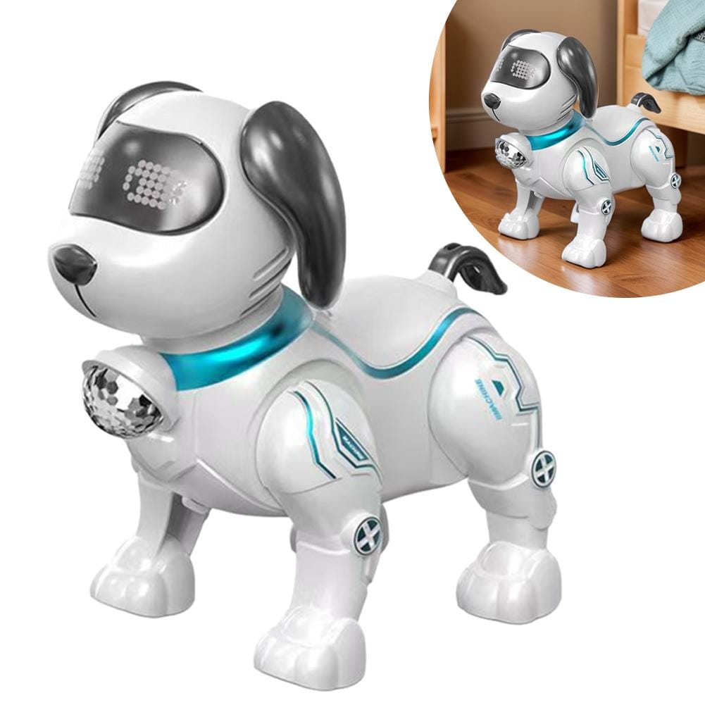 黒い耳と胸元のディスコボール、青く発光するアクセントを備えた白色とターコイズのロボット犬のおもちゃで、インタラクティブな歩行遊び用のインテリジェントな音楽ロボットとして設計されています。