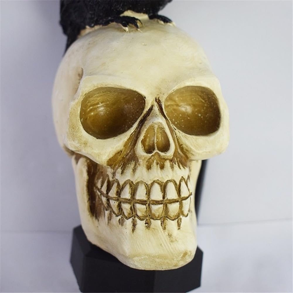 a detailed off-white plastic skull with brown eye sockets and teeth topped with a black feathered hat featured as a halloween outdoor light skeleton crow solar garden stake for holiday lighting