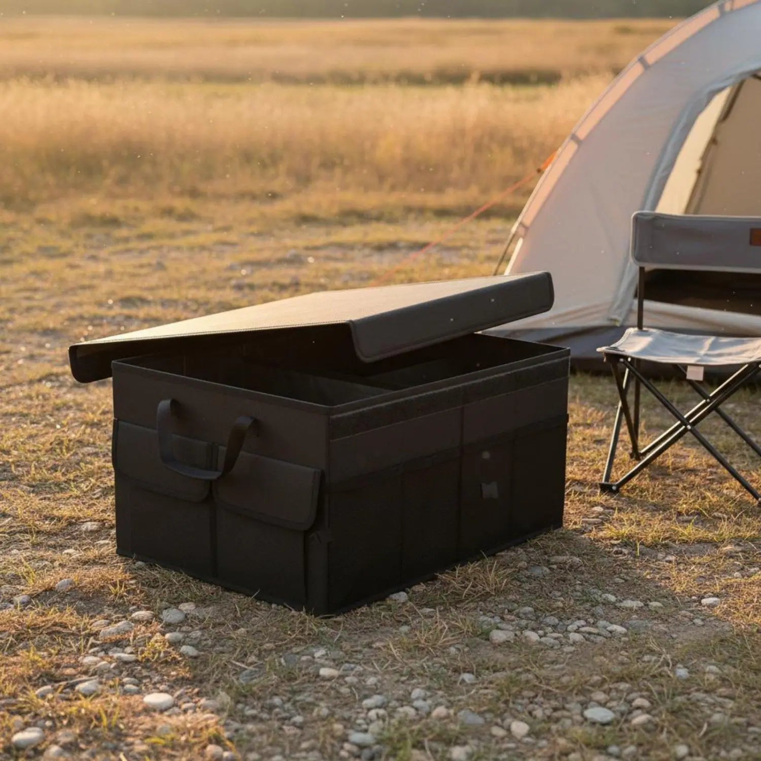 Schwarzer, faltbarer Kofferraum-Organizer für das Auto, 60-l-Aufbewahrungsbox mit klappbarem Deckel und seitlichen Tragegriffen für eine praktische Camping-Aufbewahrung.