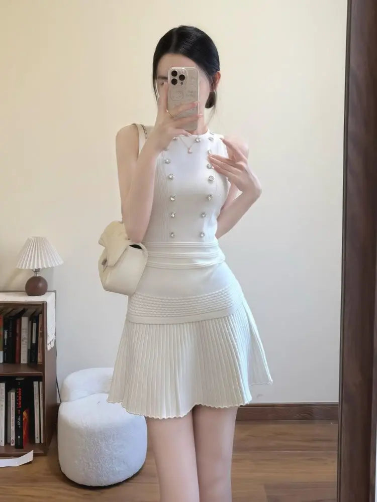 Women Chic Two Piece Set Sleeveless Knit Tank Top and High Waist Pleated Mini Skirt Pearl Detail Slim Fit Suit Minimalist Outfit