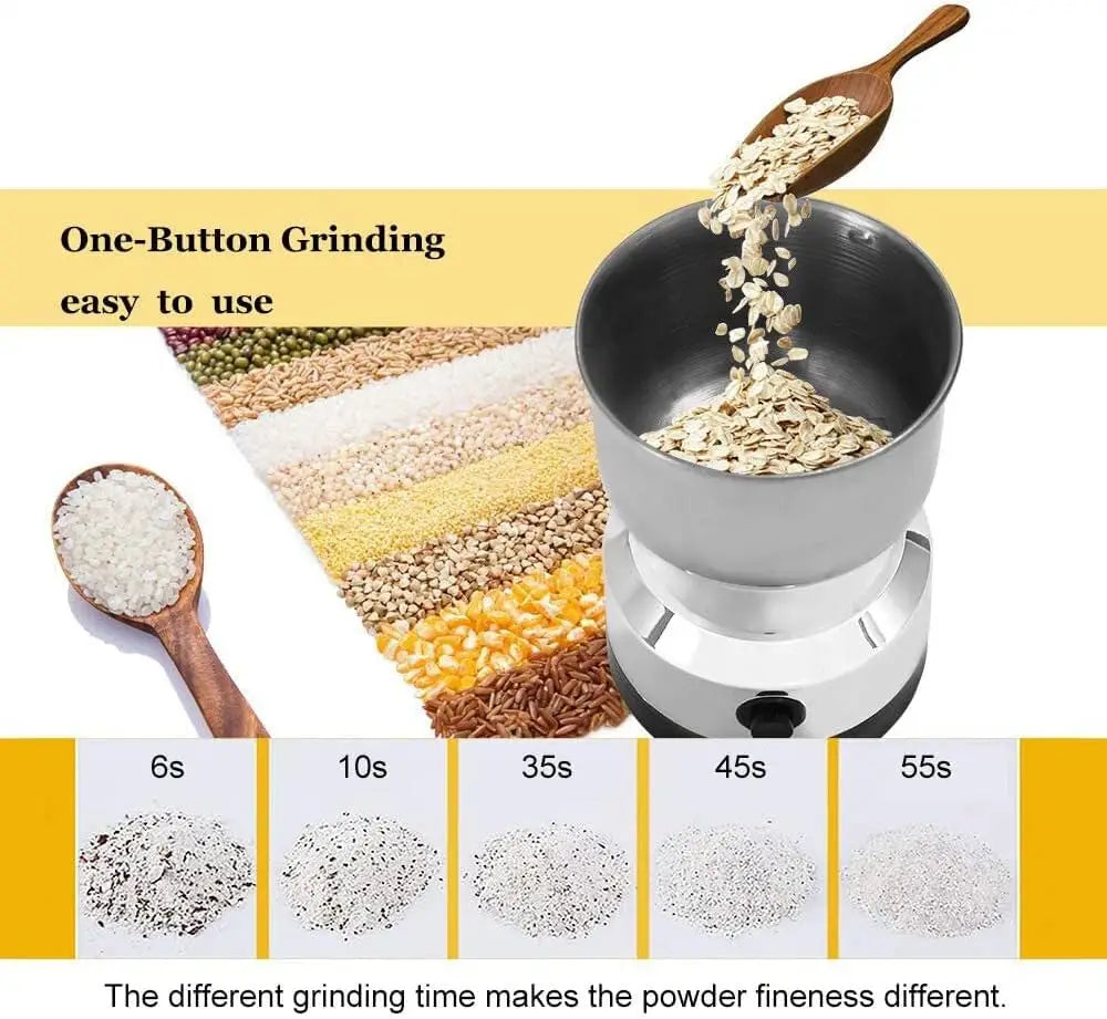 silver electric coffee and spice grinder blade mill with a wooden spoon pouring oats into its stainless steel bowl