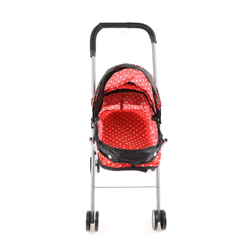 Puppenwagen für 12-Zoll-Babypuppen mit rotem und schwarzem gepunkteten Puppen-Tierwagen in Pink sowie zusammenklappbarem Metallrahmen.