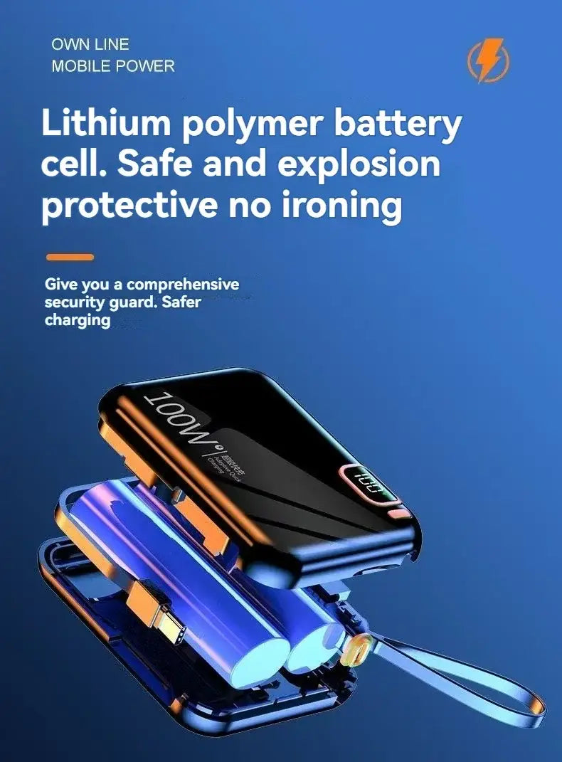 black and blue lithium polymer battery cell with a sleek modern design for the power bank quick charge 20000mah built-in cable providing fast and efficient charging.