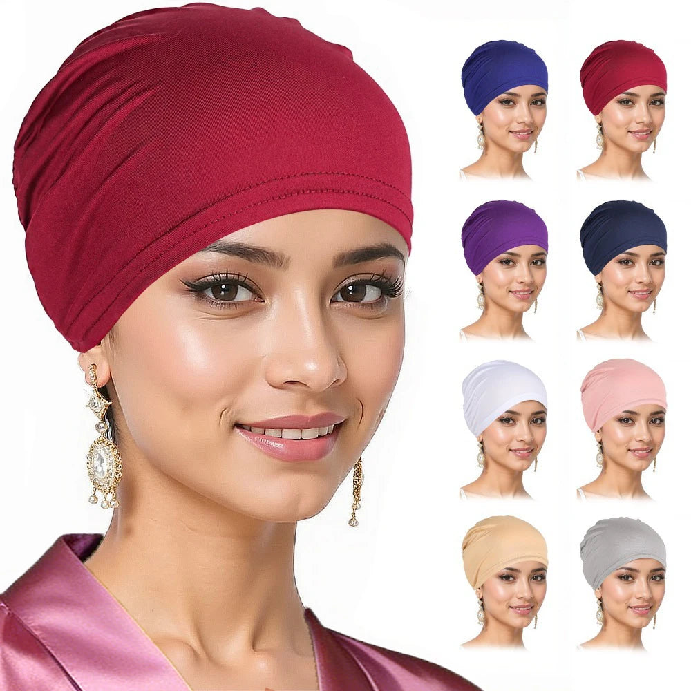 Muslim Headscarf Women's Solid Color Stretchy Turban Chemo Hat for Adult Women Hair Loss Pre Tied Skull Cover Cap