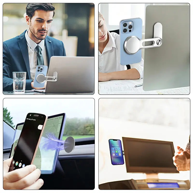 Silberner Magnet-Phonehalter mit verstellbarem Arm und runder Aluminium-Basis zur Verwendung am Schreibtisch, im Auto oder am Monitor, im Magnet-Phonehalter für den Aluminium-Laptopständer.