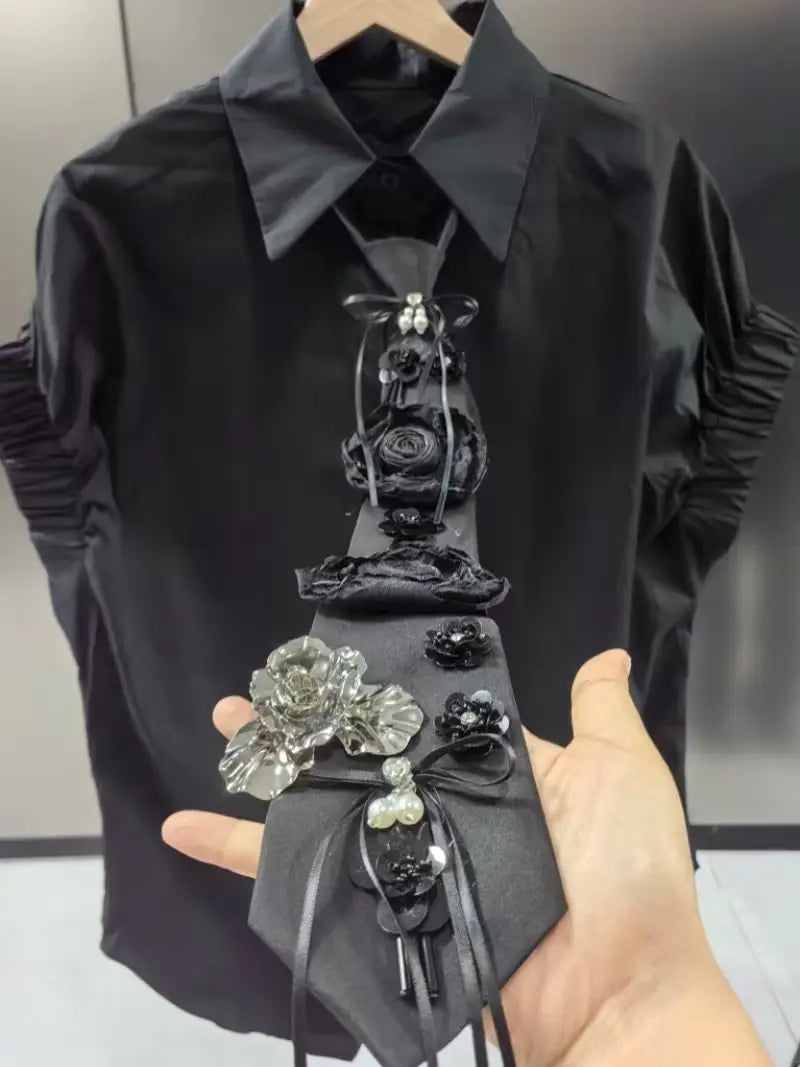 black tie with layered fabric roses crystal flowers and beaded accents paired with short sleeve shirts blouses for women girls ladies