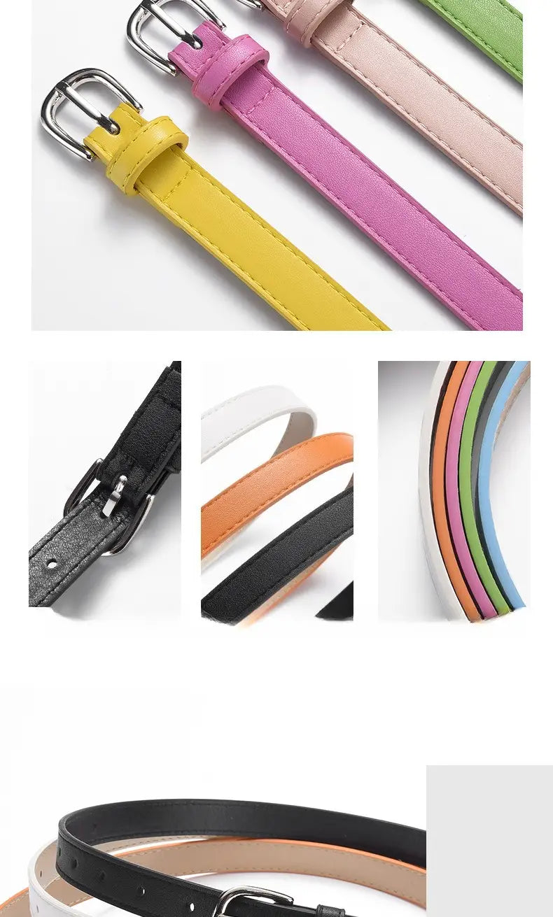 Une collection de ceintures fines en cuir polyvalentes pour femmes dans diverses couleurs, notamment jaune, rose, vert, noir, blanc et orange, avec des boucles à tons argentés.