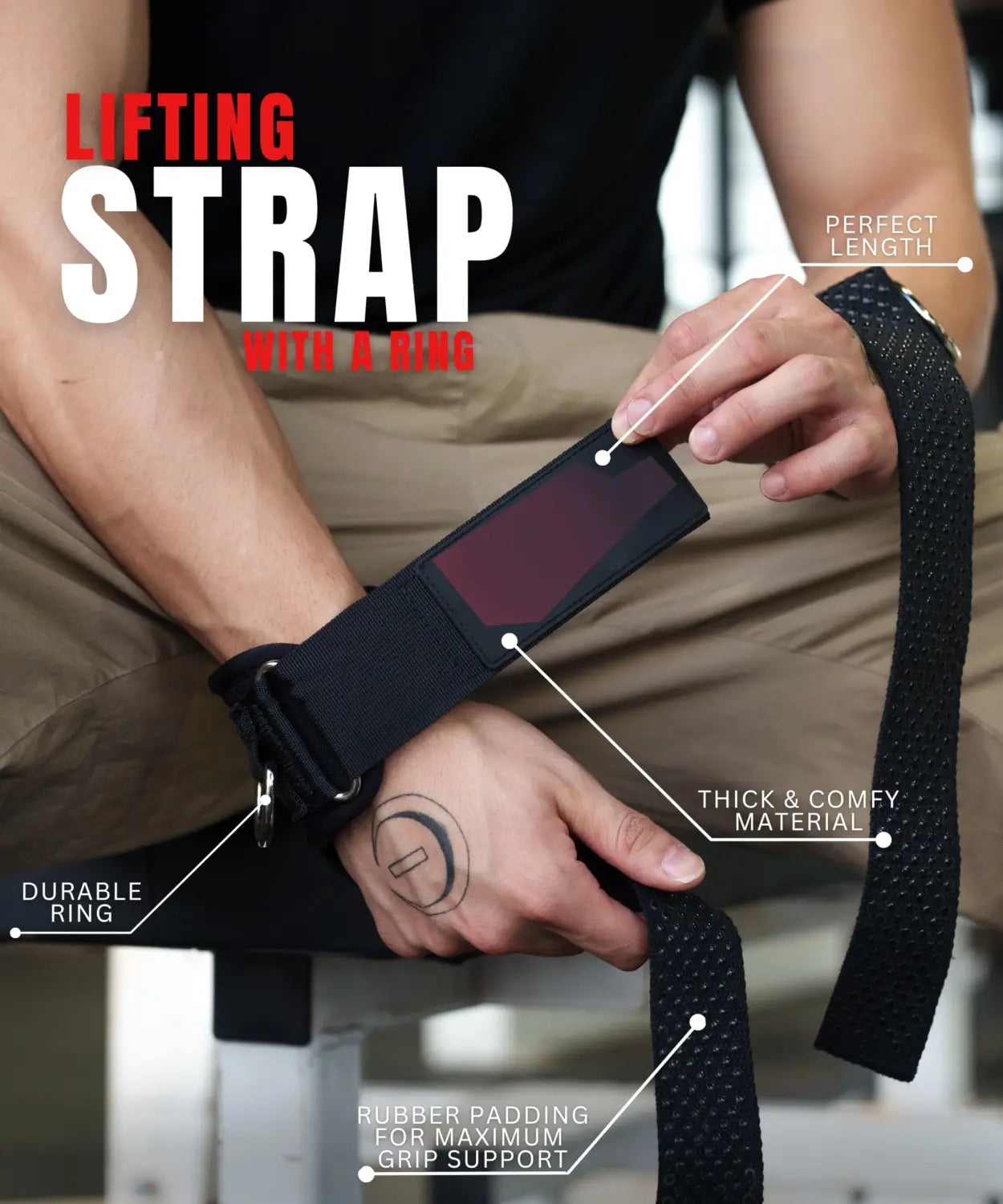 Conjunto de correa de soporte de fitness 3 en 1 y pulsera de color negro, con un anillo metálico resistente y material acolchado grueso para proporcionar un agarre seguro.