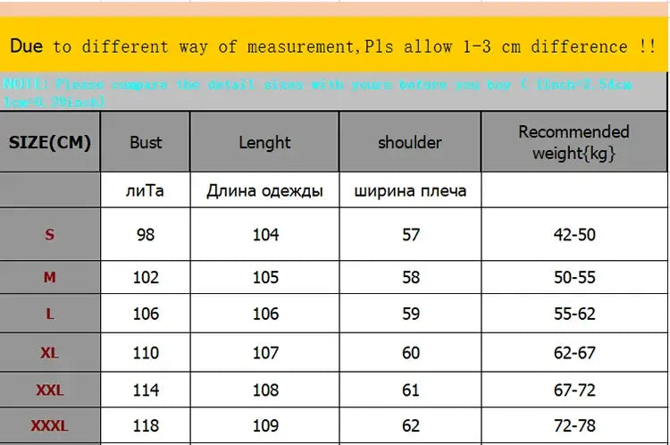Size chart for women double-breasted trench coat casual windbreaker displaying garment measurements in centimeters and recommended weight ranges across sizes S to XXXL.