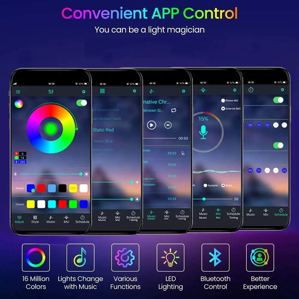 Smartphone app interface displaying bluetooth-controlled rgb led strip with music-synced effects and 16 million color options.