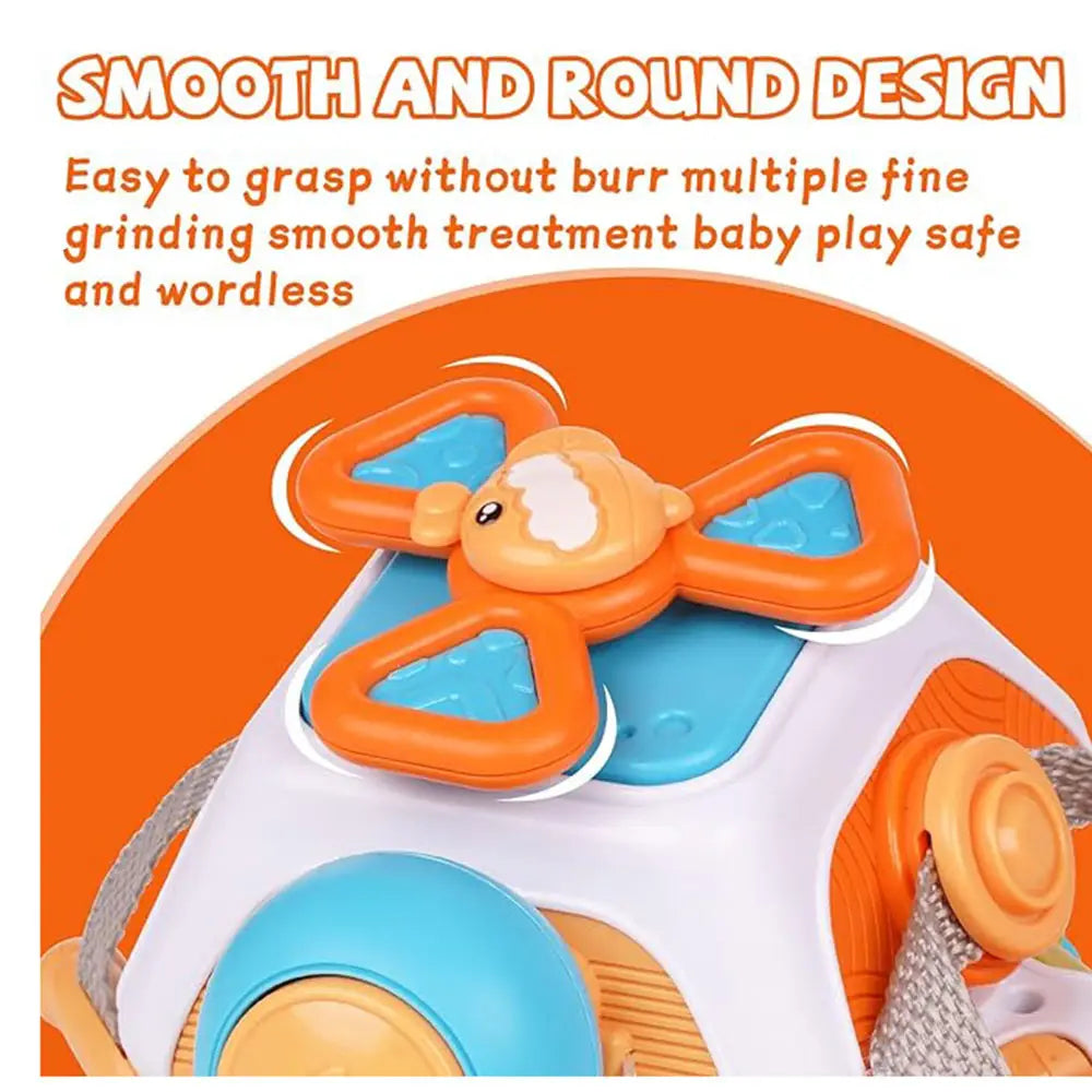 Jouet de voyage cube d’occupation Montessori en plastique comportant un jouet de dentition pour bébé en orange et bleu, au design lisse et arrondi, avec un visage d’animal de dessin animé.