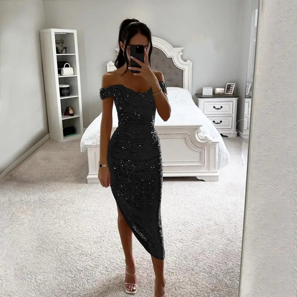 Women Christmas Party Dress Sequined Irregular Hem Evening Dress Low-cut Prom Wedding Party Formal Slit Hem Ladies Midi Dress