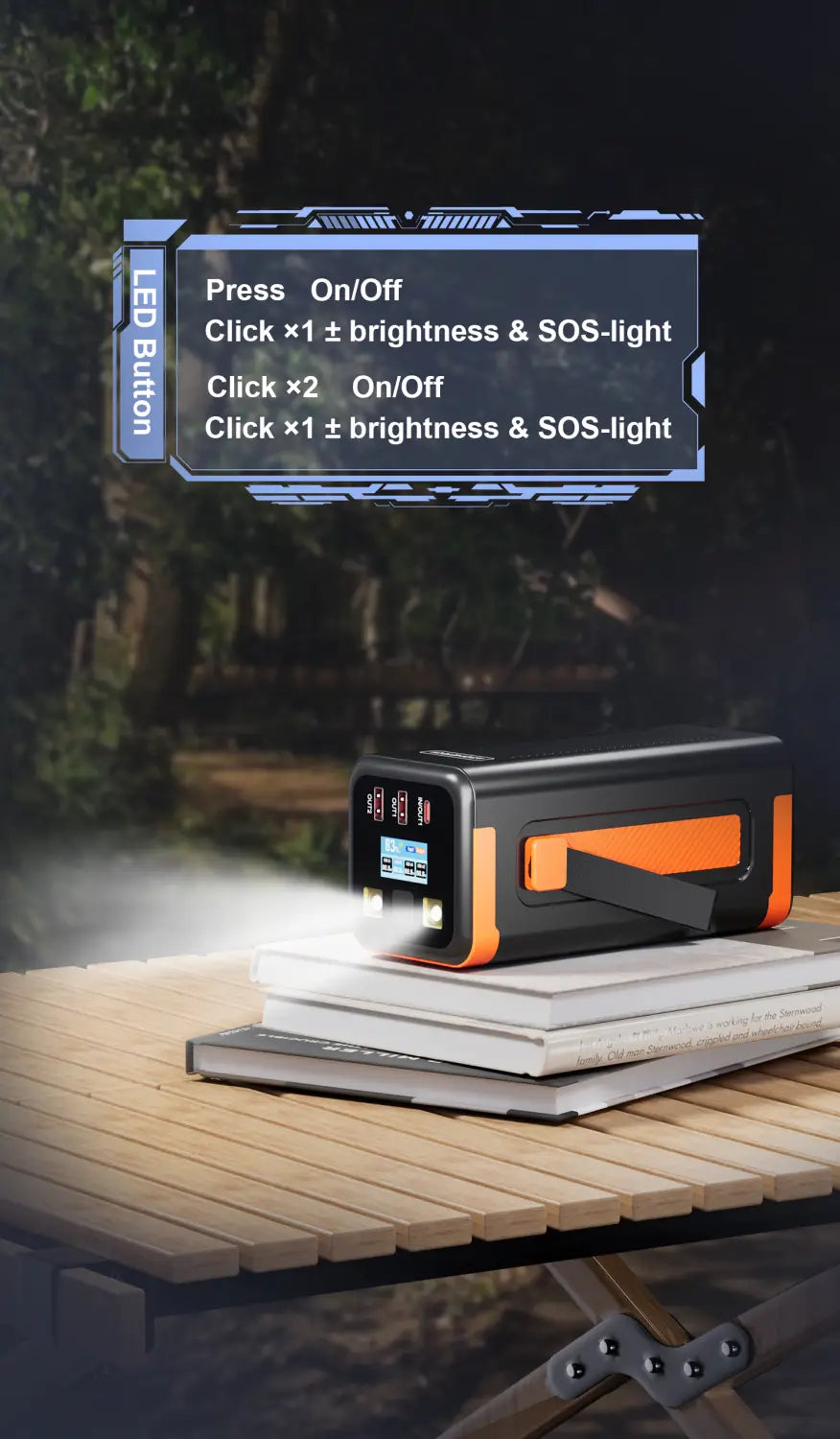 Power bank Asometech 50000 mAh, 100 W, à charge rapide, noir et orange, avec écran numérique et panneau de boutons à LED pour le réglage de la luminosité et le contrôle de la lumière SOS.