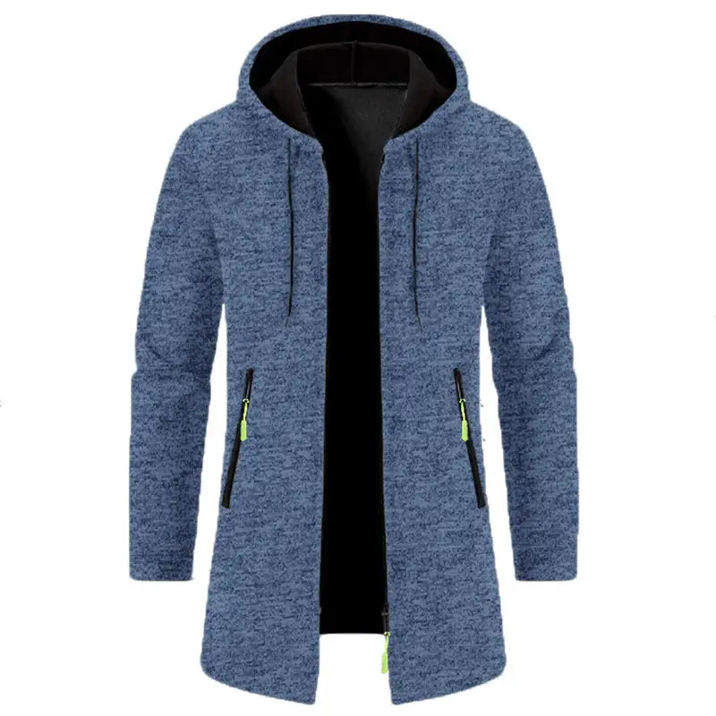 Sudadera con cremallera extragrande para hombre en tejido jaspeado azul con forro interior negro y tiradores de cremallera verde neón.