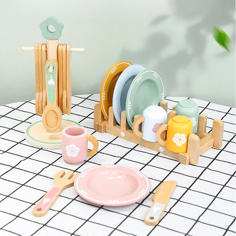 Wooden Kitchen Toy Wooden Tableware Food Sets Toy Role Play Educational Cosplay Preschool Gifts for Kids Kitchen Accessories