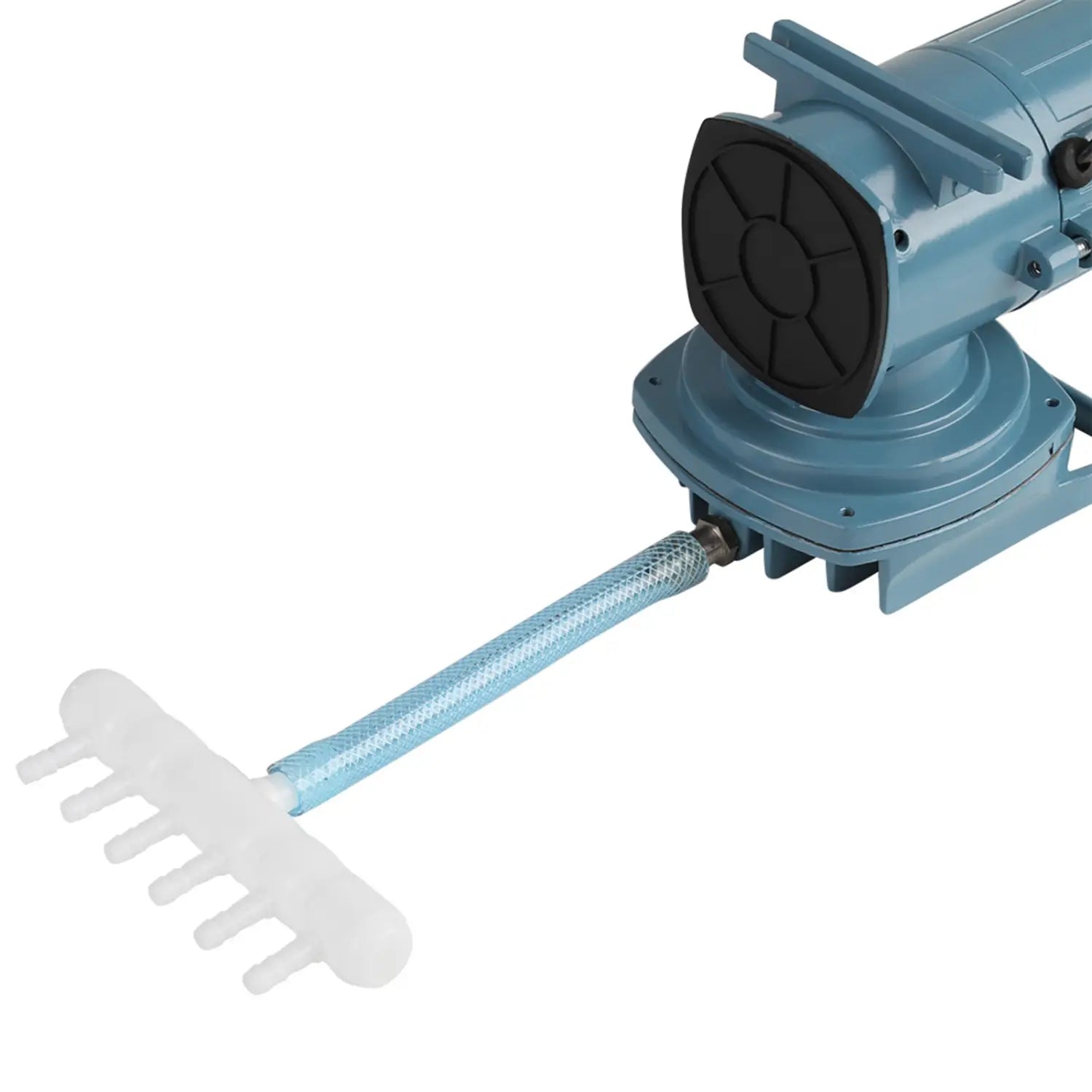 Light blue industrial pool cleaner with a black circular intake and translucent white rake head designed for use with a 12v 35w air pump for fish pond and aquarium applications.