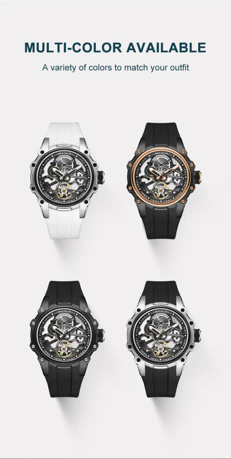 Megir automatic skeleton watch featuring a sleek skeletonized design with exposed mechanical movements, white silicone strap, and polished stainless steel case.