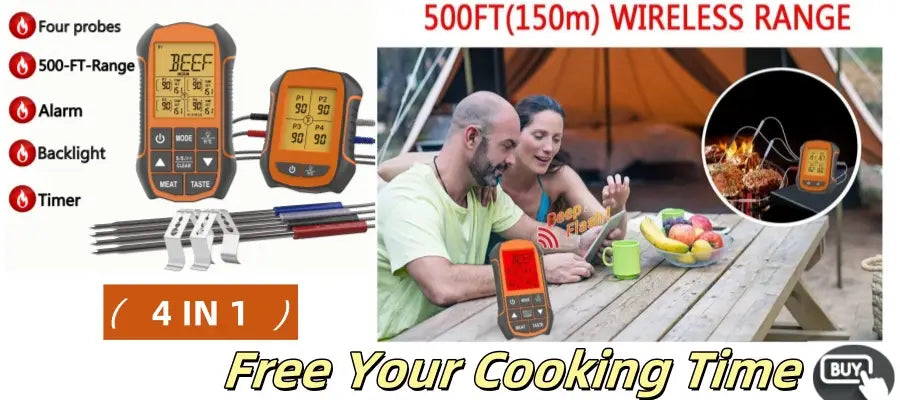 Oranges und schwarzes digitales Fleischthermometer mit vier drahtlosen Sonden, entwickelt für sofortiges Ablesen beim Garen sowie zur Überwachung der Speisentemperatur.