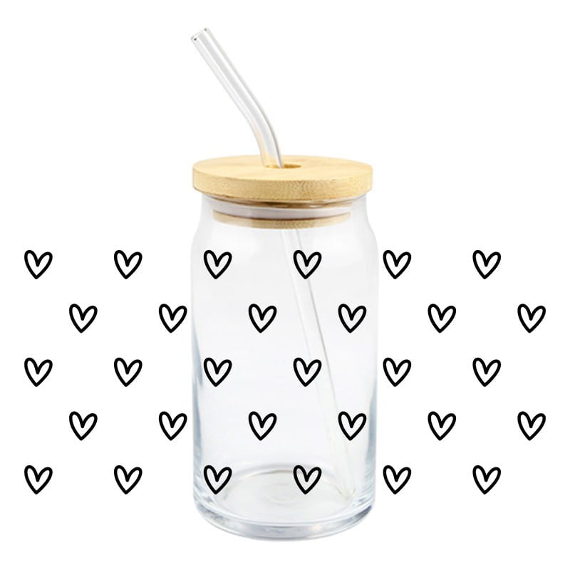 Verre à boire transparent de 16 oz, avec couvercle en bambou et paille transparente, présentant des autocollants de cœur noir, étiquette autocollante d’enveloppement pour gobelet UV DTF de la Saint-Valentin.