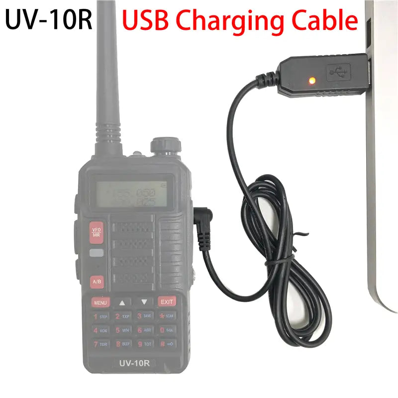 black usb charging cable with an illuminated port connected to the side of a uv10r walkie talkie showing the back side and compatible with uv-10r usb charging requirements
