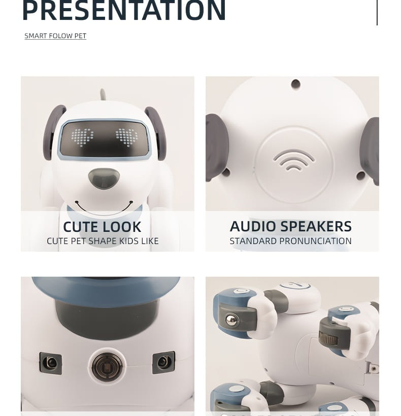 White and gray remote control robotic dog toy with heart-shaped LED eyes and audio speakers featuring a rechargeable battery and cute pet shape design.