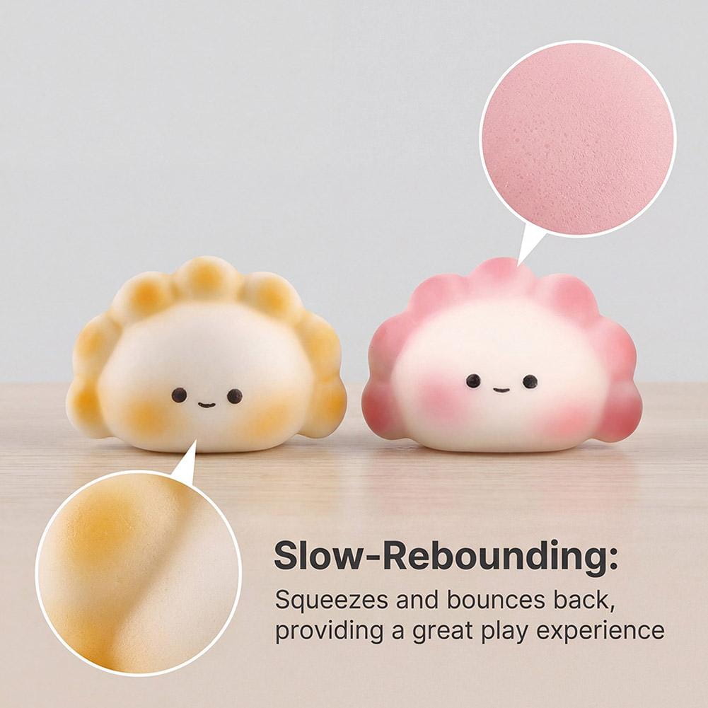 dos squishies adorables con forma de dimsum para aliviar el estrés, en rosa y amarillo suave, con acabado mate, diseñados para juguetear y aliviar el estrés.