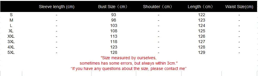 L’image présente un tableau des tailles en centimètres pour une combinaison cargo ceinturée, ample et décontractée, listant les mesures de la taille S à 5XL.