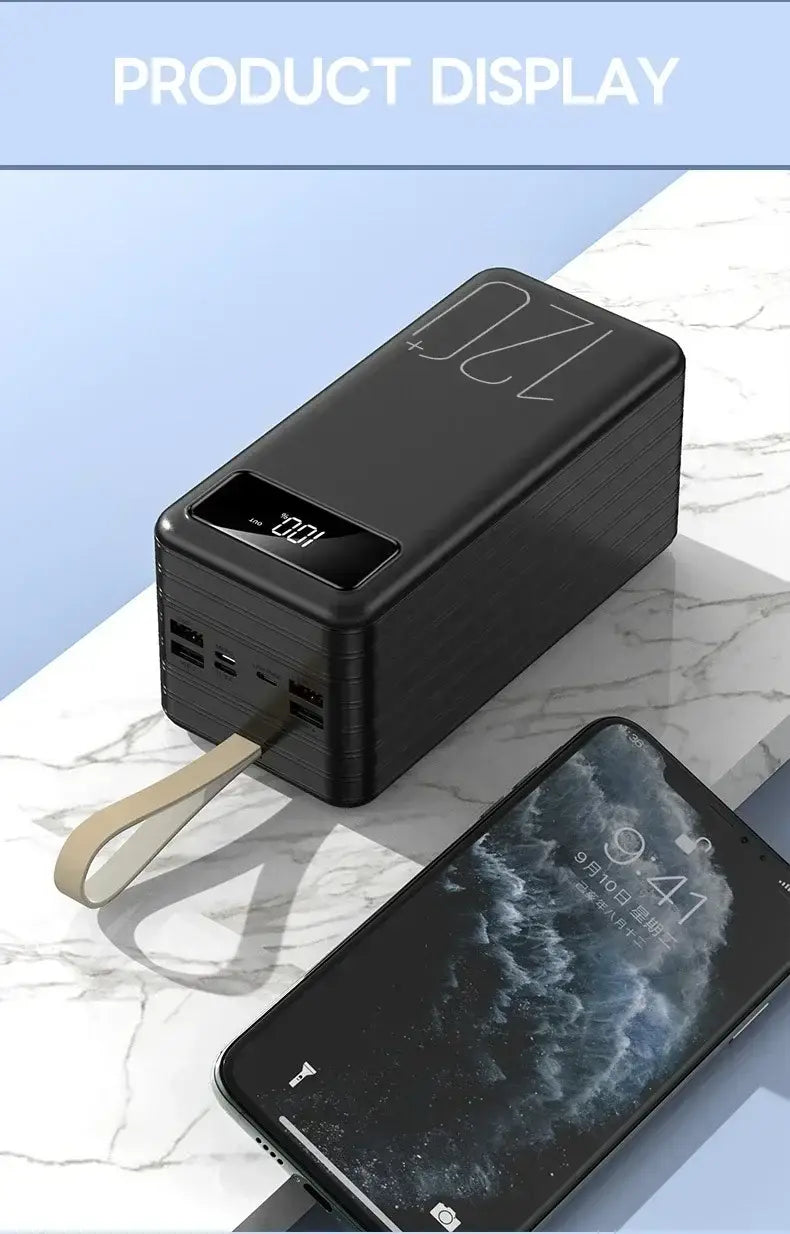 Black rectangular portable power bank with 120000mAh capacity, 66w fast charging, digital display, and multiple USB ports for efficient power management.