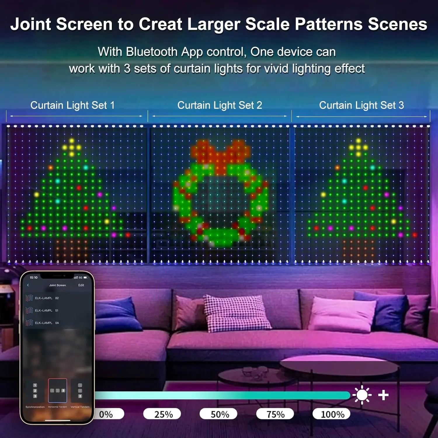 Smartes LED-Vorhanglicht RGB für DIY-Weihnachtsdekoration, gesteuert über eine App mit Bluetooth-Funktion und festlichen Feiertagsmustern in Grün, Rot und Lila; mit ROHS-, CE- und EMV-Zertifizierung.
