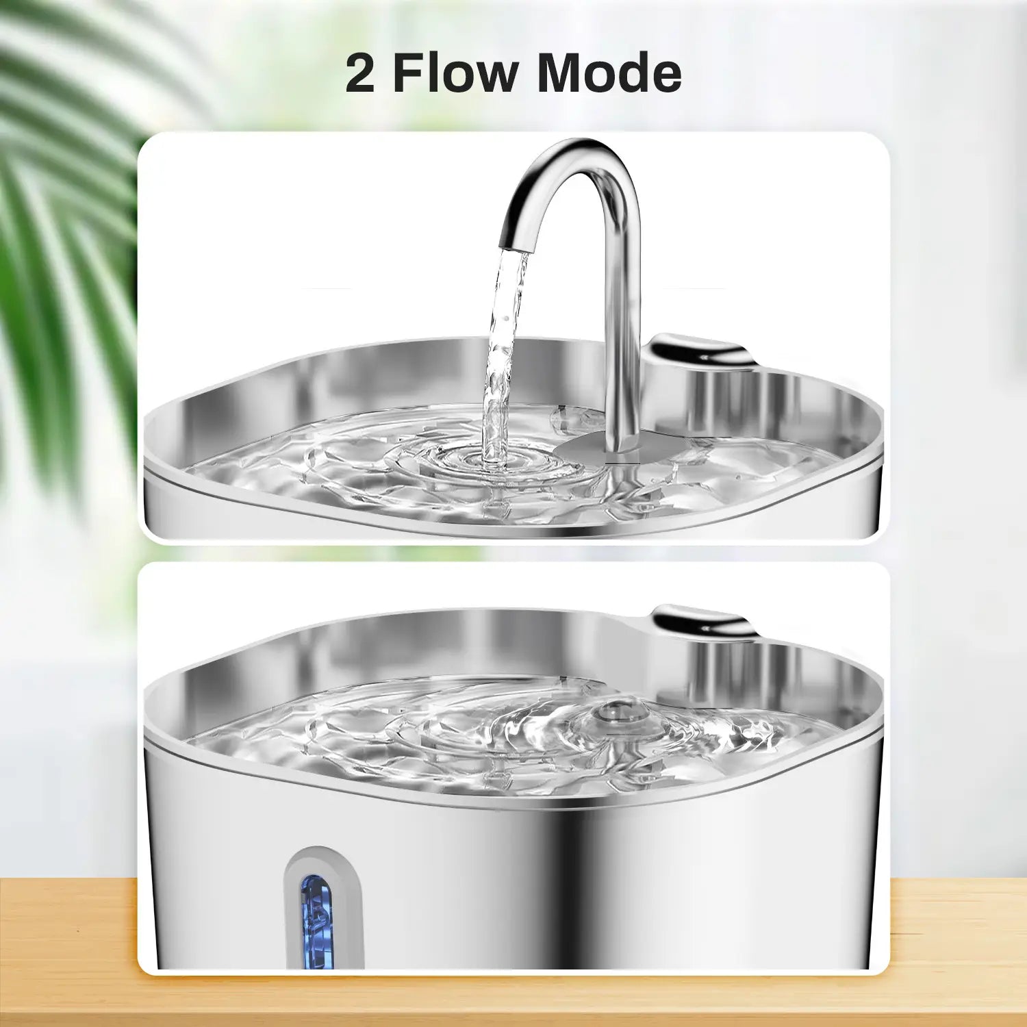 Edelstahl-Futter- und Trinkbrunnen für Haustiere mit gebogenem Auslauf und zwei Strömungsmodi, mit einer effizienten Wasserpumpe für eine kontinuierliche Wasserversorgung.